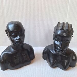 Antique Set of 2 Hand Carved Ebony Wood African Tribal Bust